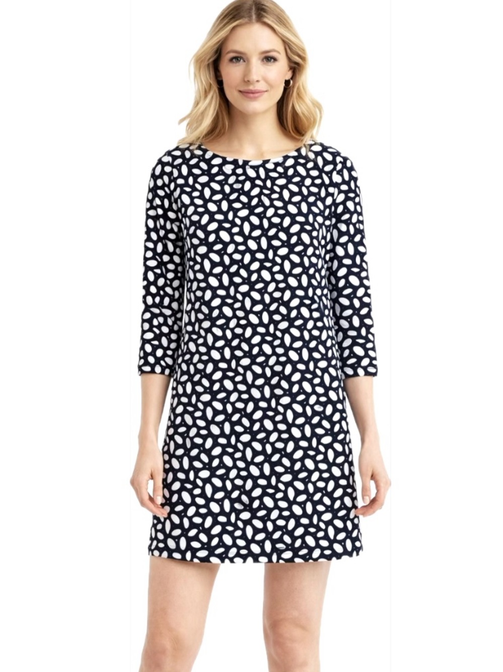 Marimekko Tricot Shift Dress Abstract Print 3/4 Sleeve XS Black White